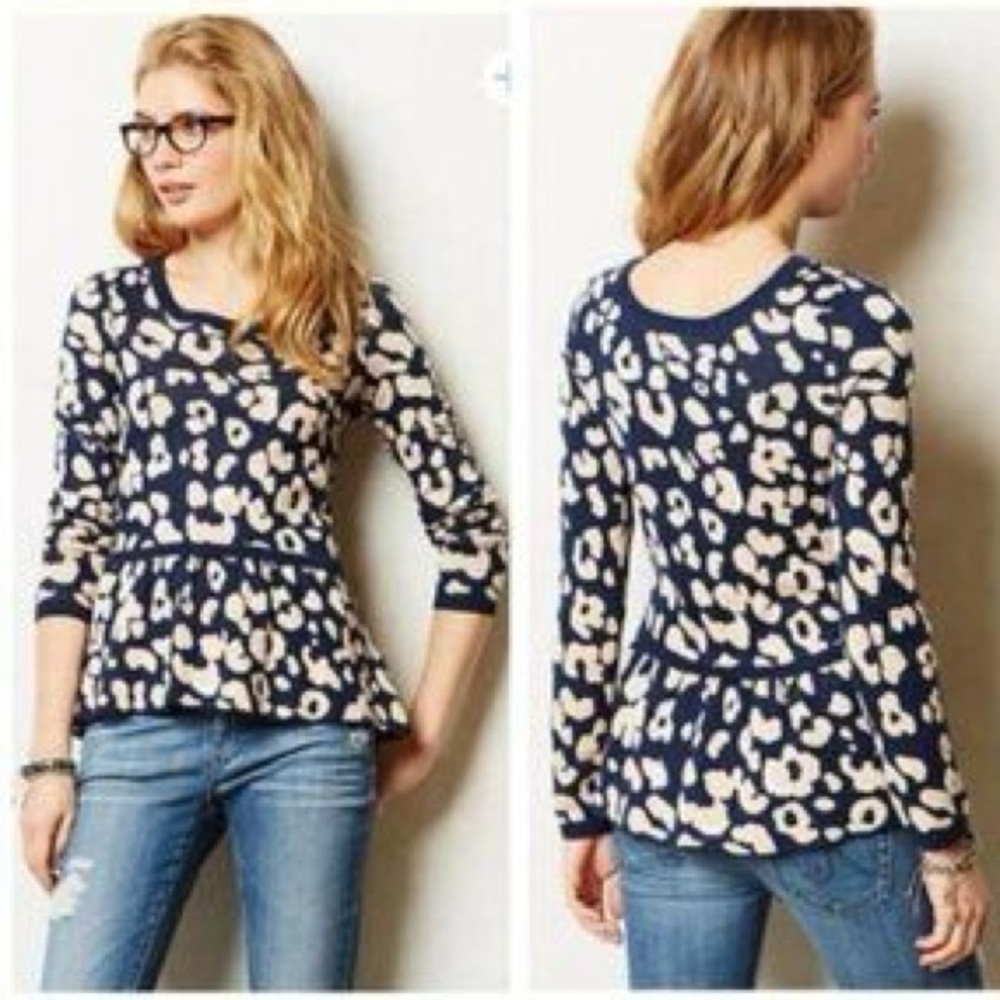 Anthropologie MOTH women’s leopard peplum sweater. Size Large
